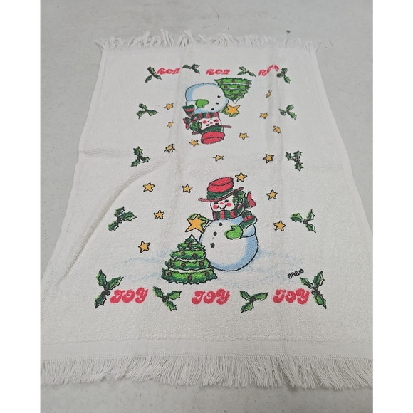Lot of 2 Vintage Holiday Christmas Snowman Santa Claus Soft Fringe Hand Towels - Picture 6 of 7